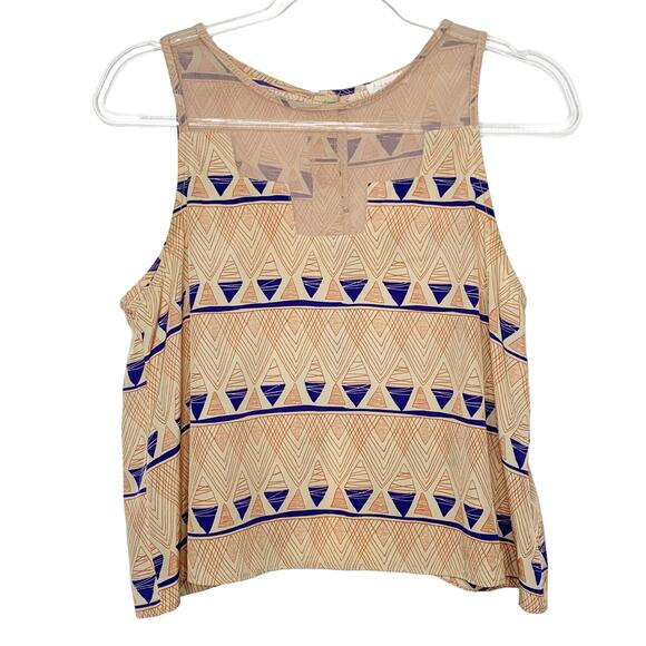 LUSH Aztec Print Cropped Top Scalloped Back Button Down Geometric Tan Blue Sz M - Picture 1 of 8